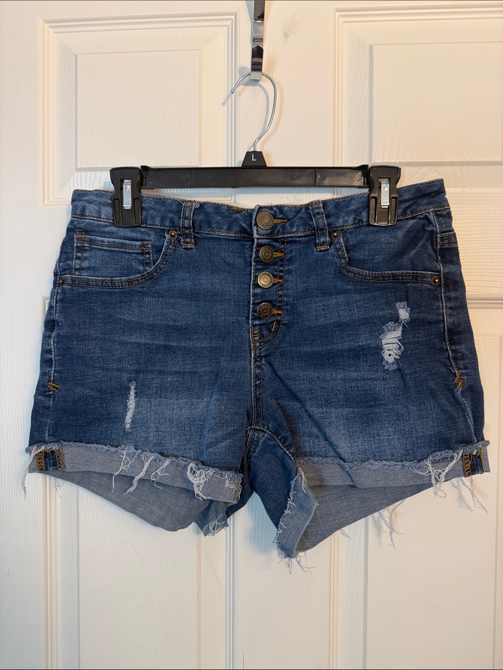 Mudd Blue Distressed Button-Front Denim Shorts